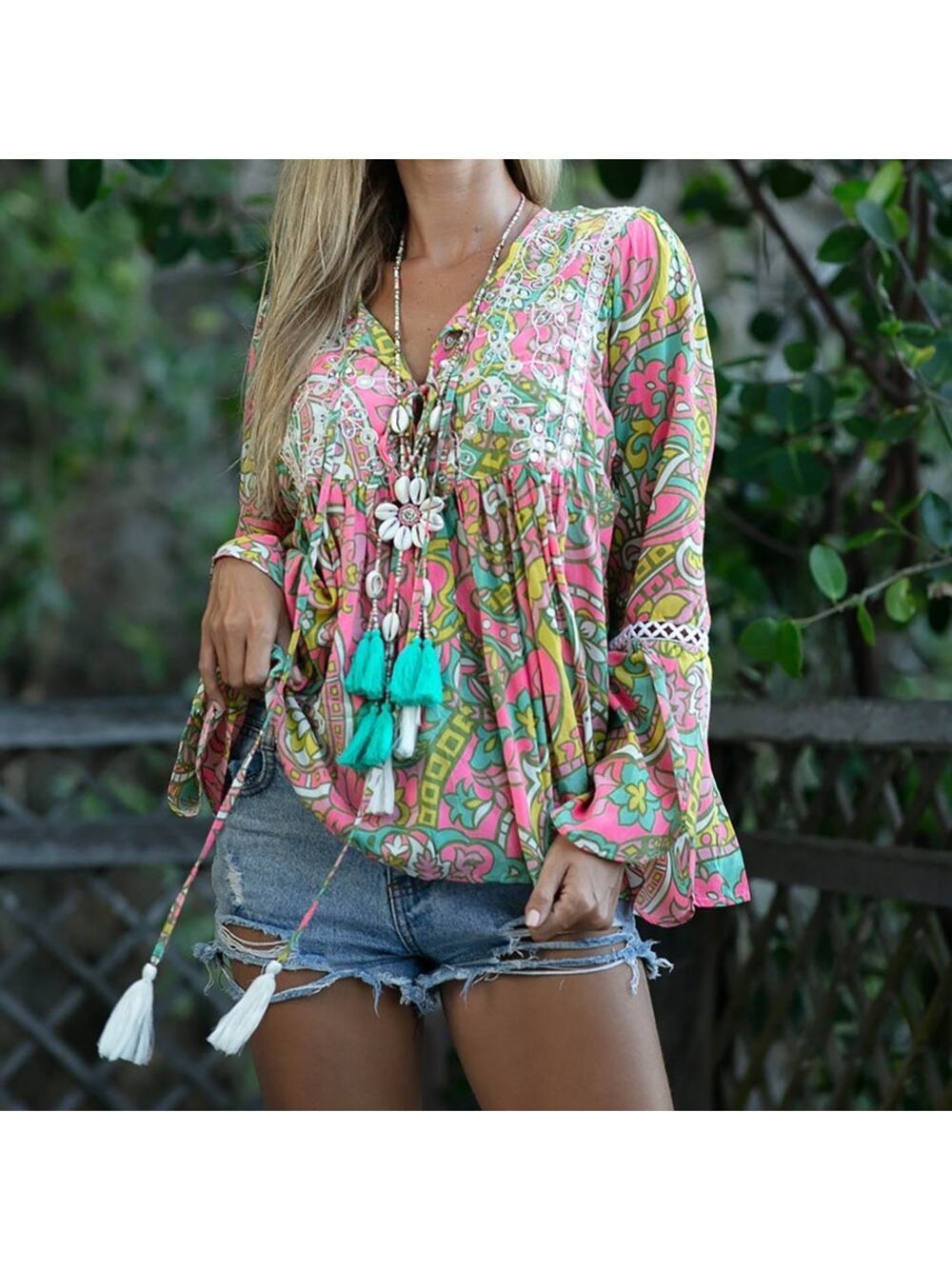 Miss June Paris Pink Boho Embroidered Tassel Peasant Tunic Top Rayon Medium